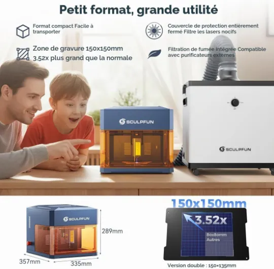ICube Ultra Dual Laser Graveur Laser Fermé, 12W Diode + 1.2W Infrarouge, Machine de Gravure et Découpe avec Filtre à Fumée, Autofocus et Sécurité Classe 1, Zone de gravure 150x135mm