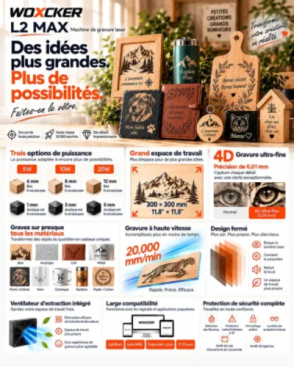 Gravure Laser 20W pour Entreprises, Cadeaux Personnalisés, 20 000 mm/min haute vitesse, 300 × 300 mm grande zone, 0,01 mm haute précision, L2 MAX Graveur et Découpe Laser, bois, métal, verre, Classe 1 Extra Large