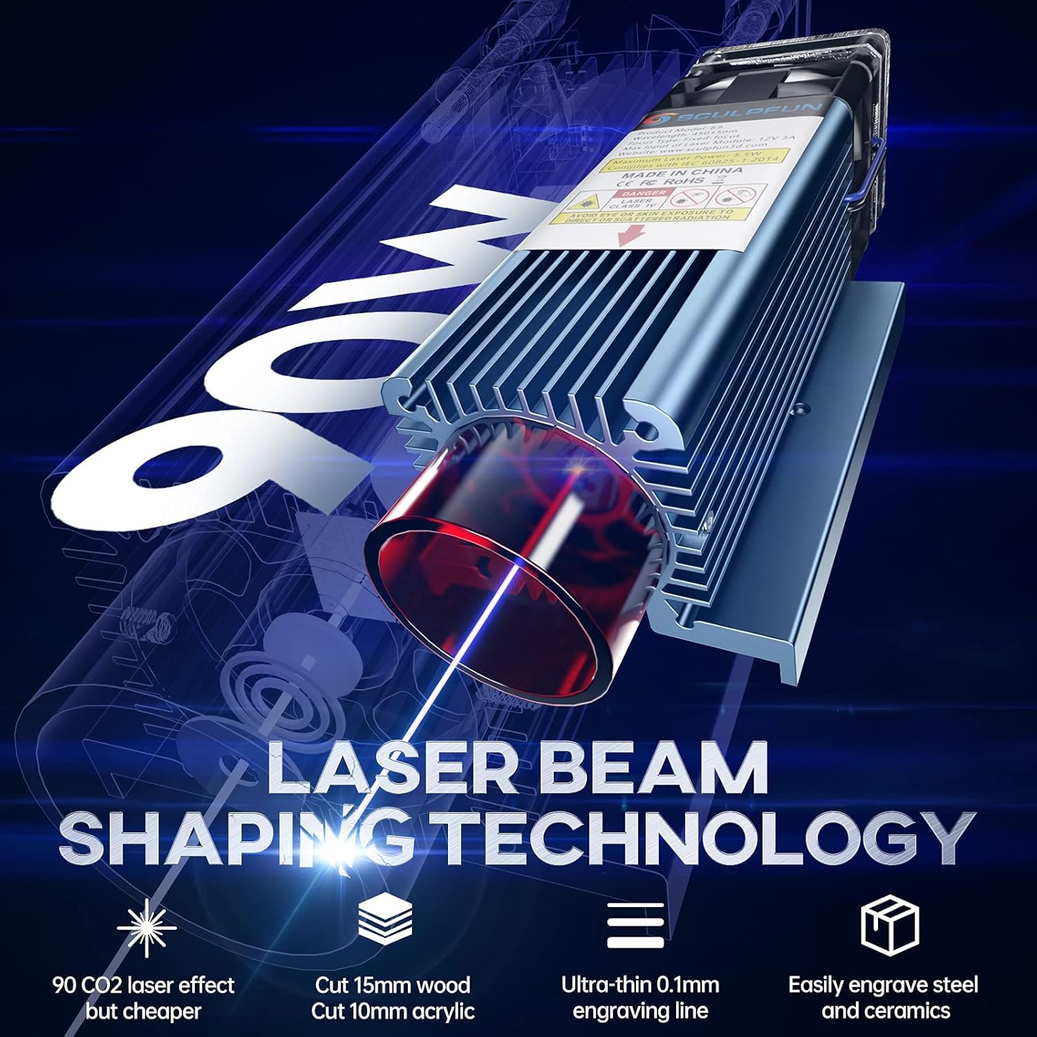 S9 Graveur laser, 90W effet découpeuse gravure laser sur métal, gravure et découpe rapides en Bois, mise au point fixe et protection yeux, zone travail 410 mm x 420 mm