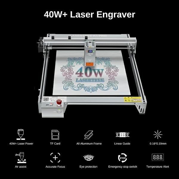 Machine de gravure laser LASER TREE 40W, graveur laser 40W avec assistance pneumatique, point focal fixe pour métal et bois, zone de gravure 400 x 400 mm K1 Pro 40W-EU