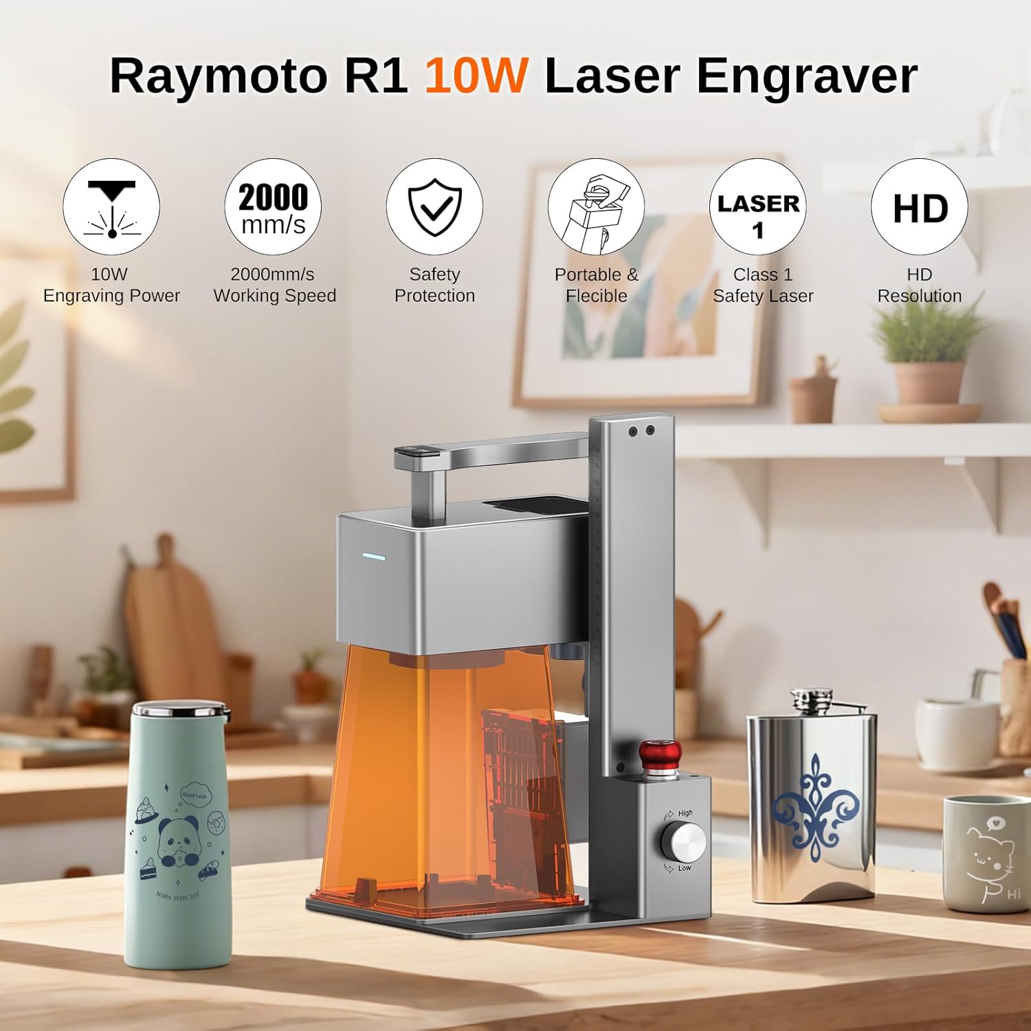Machine de gravure laser Raymoto R1 10 W, graveur laser compact portable, résolution haute précision de 0,05 mm, vitesse de gravure de 120 000 mm/min Capable de graver du contreplaqué, du papier gris Machine de gravure laser R1 10 W
