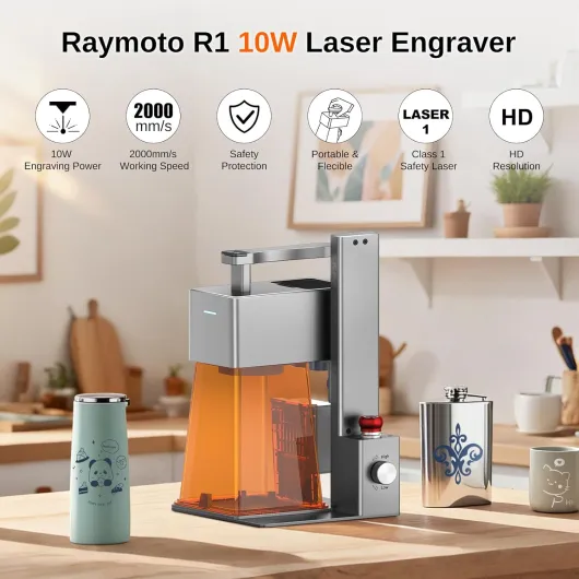 Machine de gravure laser Raymoto R1 10 W, graveur laser compact portable, résolution haute précision de 0,05 mm, vitesse de gravure de 120 000 mm/min Capable de graver du contreplaqué, du papier gris Machine de gravure laser R1 10 W