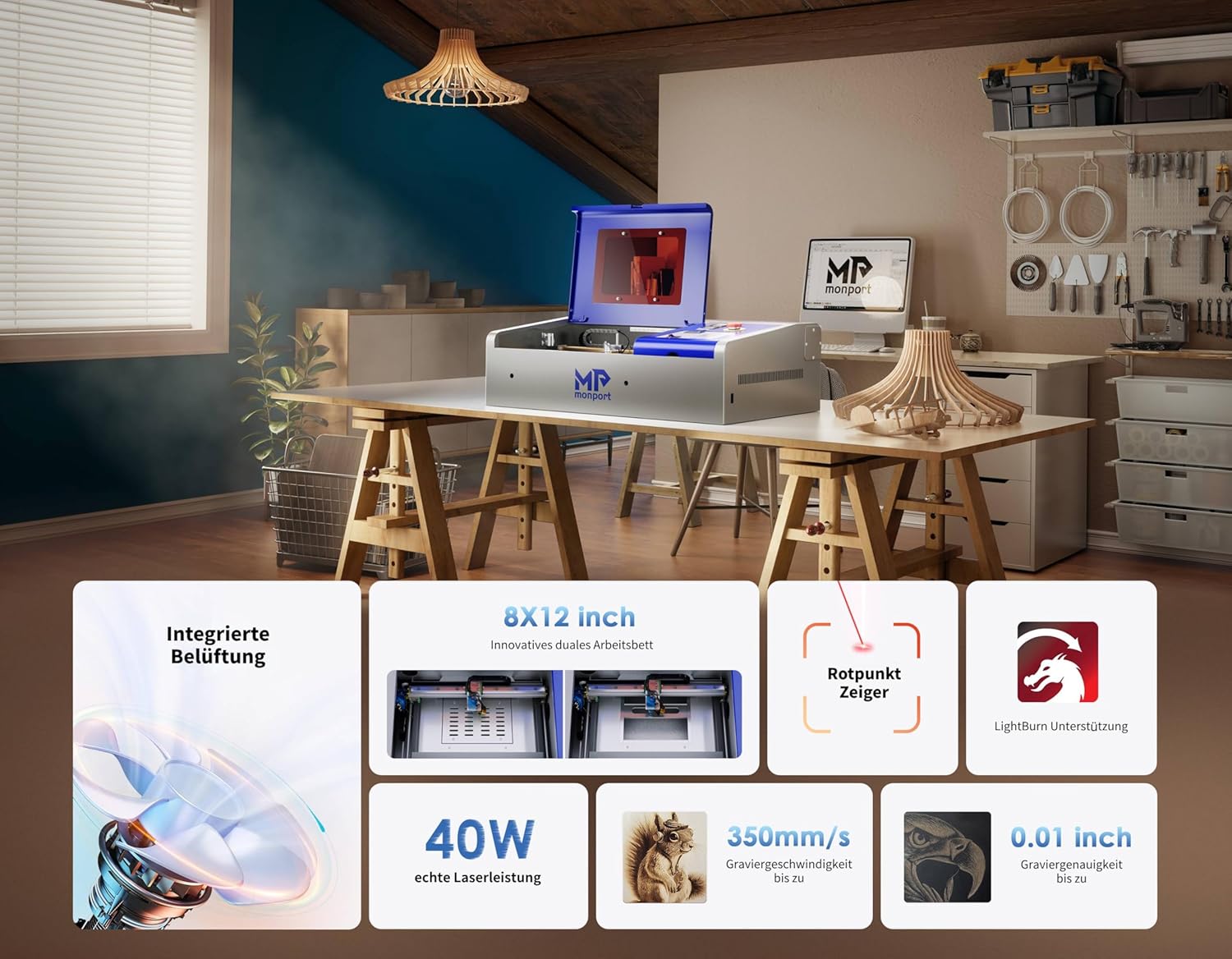 Monport Graveur Laser CO2 40W, Graveur Laser de Bureau 300x200mm avec Système de Refroidissement, Ventilation, Découpe Laser CO2 pour Petites Entreprises, Gravure Laser Portable pour Métal Argenté Laser 40W